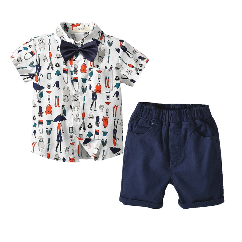 

Boys Clothes Set for Baby 2019 Summer Toddler Boy Formal Wedding Suit Printing Bow Shirt Top Nary Shorts Gentleman Outfit