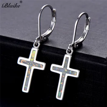 

Blaike Statement Cross Blue/White Fire Opal Drop Earrings For Women Vintage 925 Sterling Silver Trendy Jewelry Wedding Earring