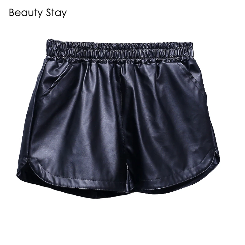 

Beauty Stay Sexy Women Shorts Plus Size PU Leather Elastic Waist with Pockets High Quality Casual Shiny Fitness Shorts