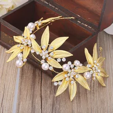 2016 de Lujo de oro hojas diademas con incrustaciones de diamantes de imitación perla headwear mujeres accesorios pelo de la boda nupcial tiaras joyería del pelo