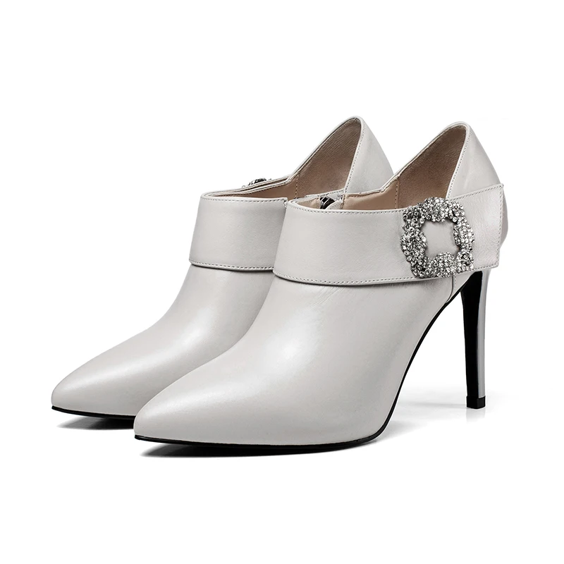 WETKISS/Новинка года; сезон весна; женские туфли-лодочки из коровьей кожи с кристаллами; обувь с острым носком; женская обувь на молнии; женская офисная обувь на высоком каблуке