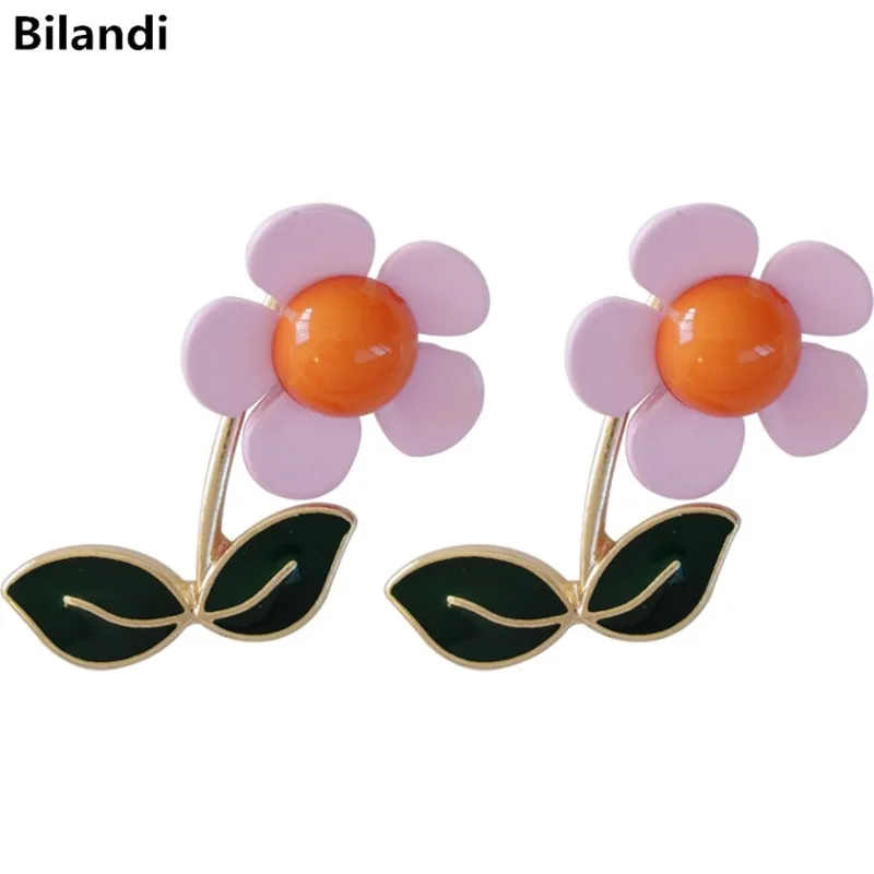 

Sweet And Lovely Girl Pink Yellow Flower Fancy Stud Earrings For Woman Jewelry