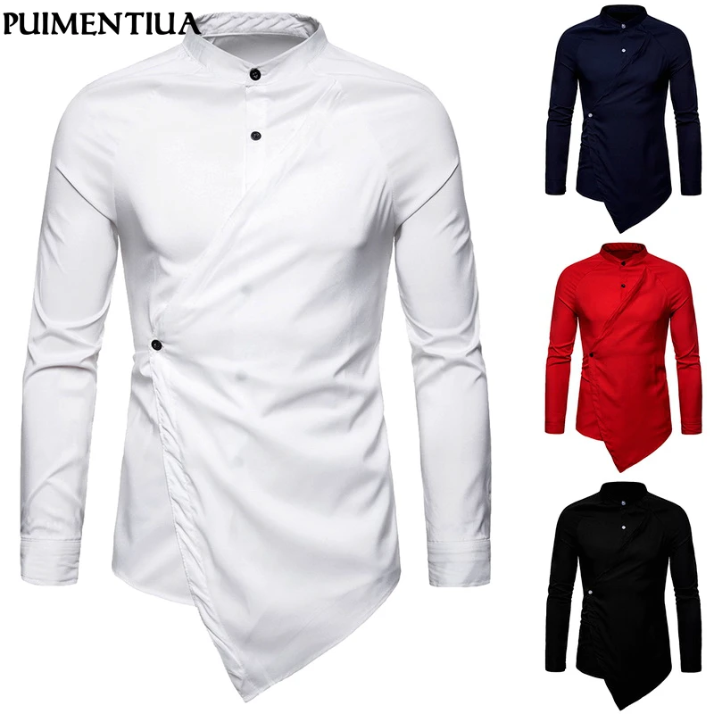 

Puimentiua 2019 Spring Mens Long Sleeve Shirts Button Down Casual Irregular Slim Fit Elastic Thin Homme Party Summe Shirts Top
