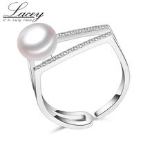 Real Pearl Rings,Silver Ring with Shiny Gem-studded Adjustable Size Freshwater Natural Pearl Ring 925 silver Jewelry Anniversary
