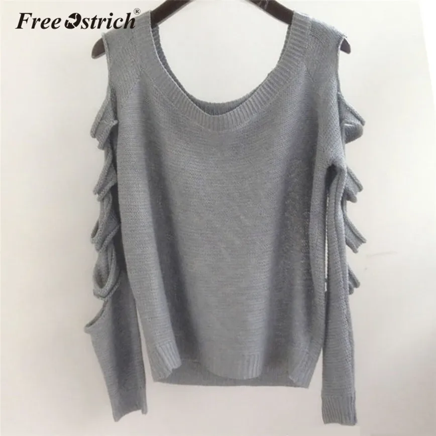 

Free Ostrich Sweater Women Off The Shoulder Long Sleeve Holes Solid Casual Knitted Pullovers O-Neck Fashion Pull Femme A0440