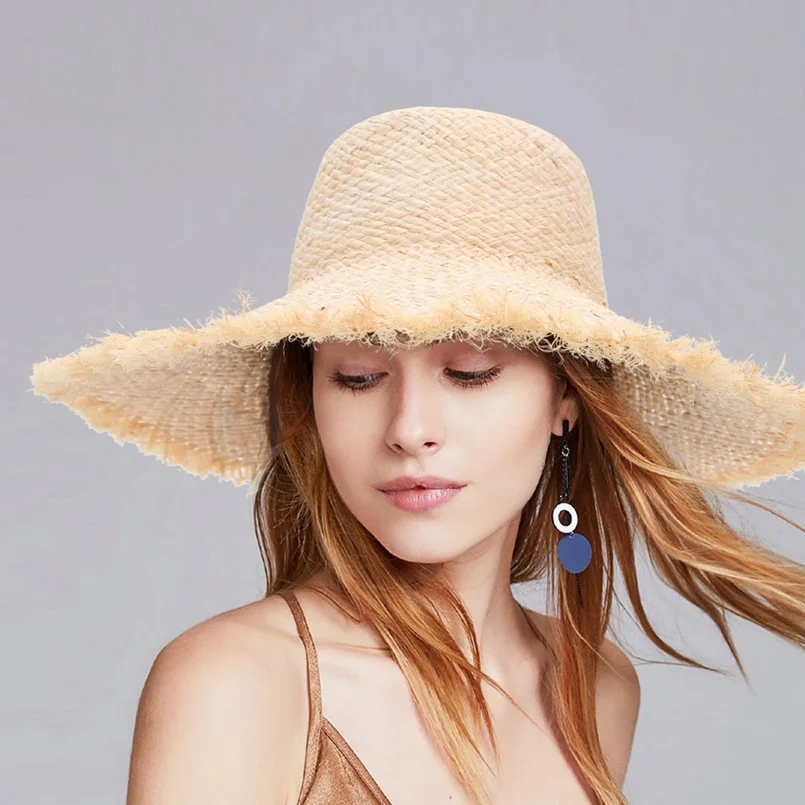GEMVIE جديد الأزياء قبعة من القش المرن قبعات صيفية للنساء الرافية المنسوجة كبير حافة قبعة الشمس السيدات شاطئ قبعة بنما قبعة قابل للتعديل