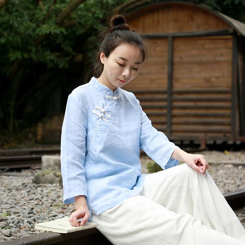 Women's Linen Chinese Style 34 Sleeve Blouse Qipao Top Shirt  (14)