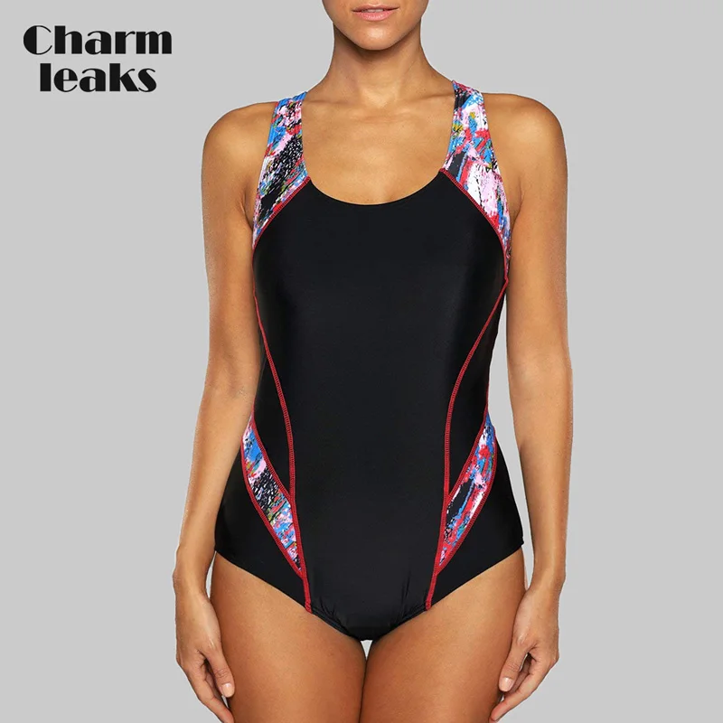 Charmleaks цельный женский спортивный купальные Костюм спортивный купальник цветной блок пляжный купальный костюм бикини Монокини - Цвет: RED