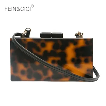 

Acrylic messenger bag women plastic chain box case bag classic vintage retro leopard evening party crossbody small purse bag