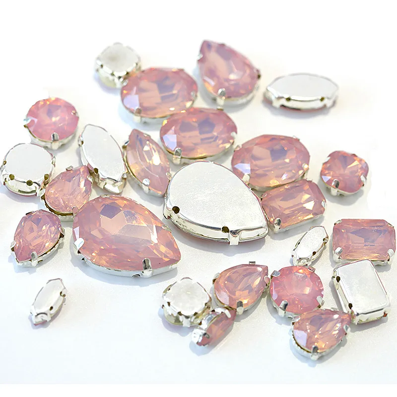 

30pcs pink Opal Mixed Shapes Mixed Sizes Resin Sew On Rhinestone with Claw Loose Sewing Strass For Wedding Dresses E7081