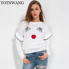 Winter fashion Eye lashes red lips loose sweater embroidery women/girl sweater pullover women’s clothing ruffle long sleeve tops