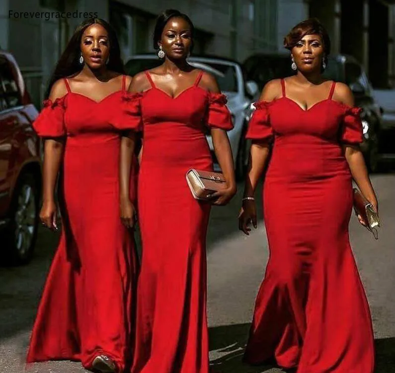 South African Red Mermaid Bridesmaids Dresses Summer Bohemian Spaghetti Straps Wedding Guest Party Evening Gowns Plus Size Cheap  106 (2)