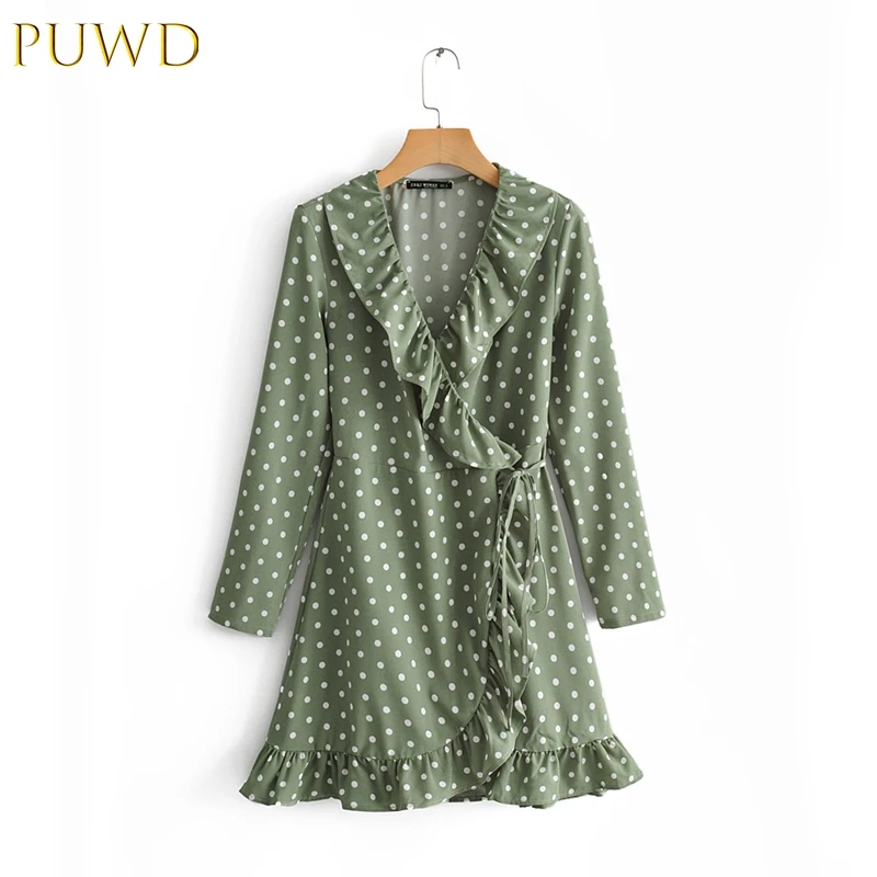 

2019 Summer Women's New Green Wave Point Printed Lotus Lace Lace Dress