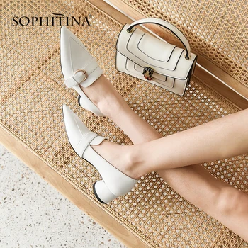 

SOPHITINA Fashion Genuine Leather Pumps Various Color Shallow Round Heel Sexy Casual Shoes Handmade Women's Buckle Pumps MO52