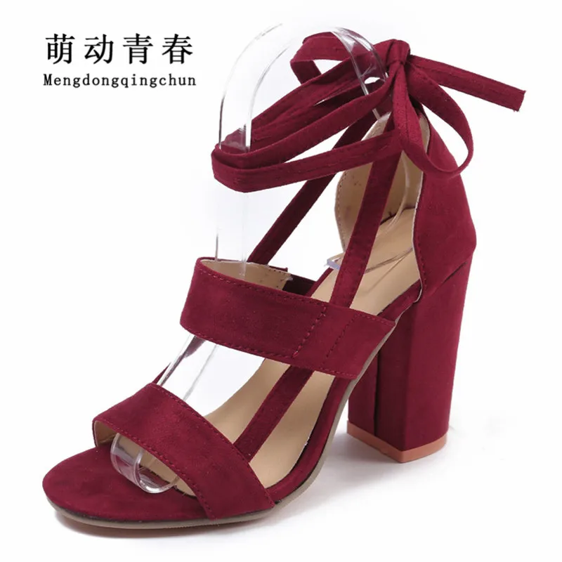 

2018 Women Pumps Fashion Peep Toe Square Heels High Heels Shoes Women Lace Up Ankle Strap Summer High Heels Sandals Plus Size