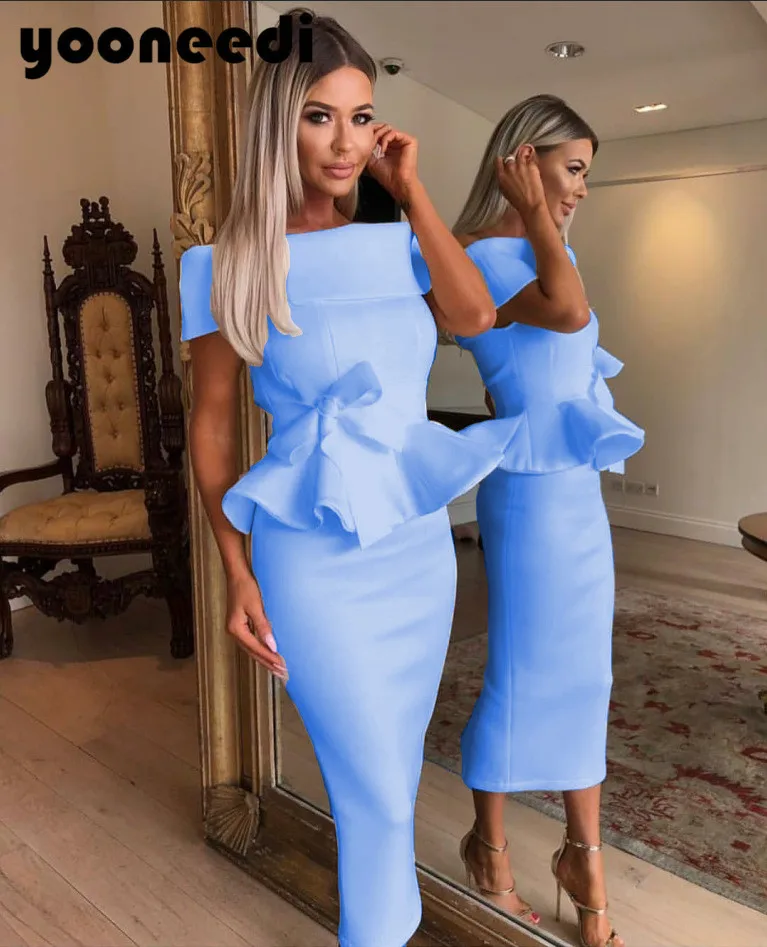 

Yooneedi 2019 Summer New Arrival Sexy 2 pcs Women Set 2 Color Solid Slash Neck Short Sleeve Tops Midi Dress With Belt XL-18083