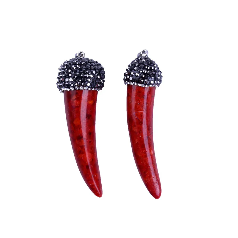 

Hot Selling Fashion Natural Druzy Gem Red Stone Pendants Charms Horn Crescent Paved Rhinestone Pendant for Jewelry Making