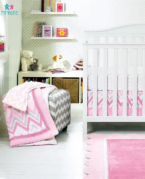 

Pink Sweet Baby Girl's Bedding Set 100% Cotton Soft Newborn Baby Bed Bumpers curve stripe Embroidery Newborn Baby Bedding Sets