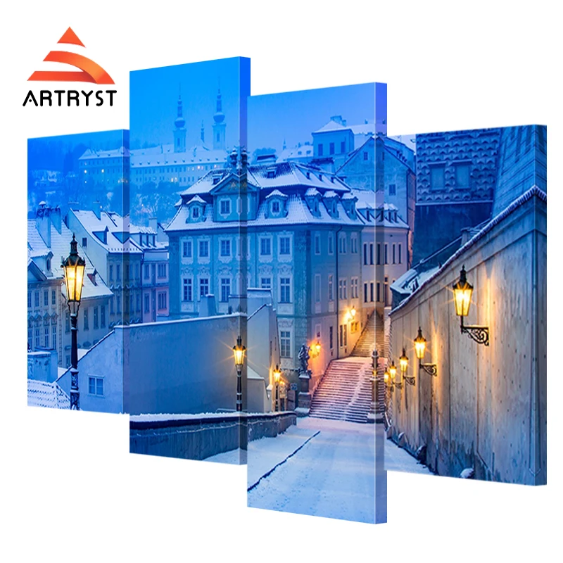 

4 Panel Modular Modern Home Winter Prague Street Decor Canvas Painting Art Wall Photo HD Print On Canvas for Living Room AR363