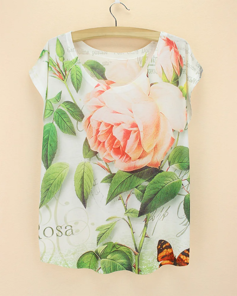 

floral print tops 2015 hot sale flower leaf spring 3d printing shirts for women solid round collar promotion women t-shirt