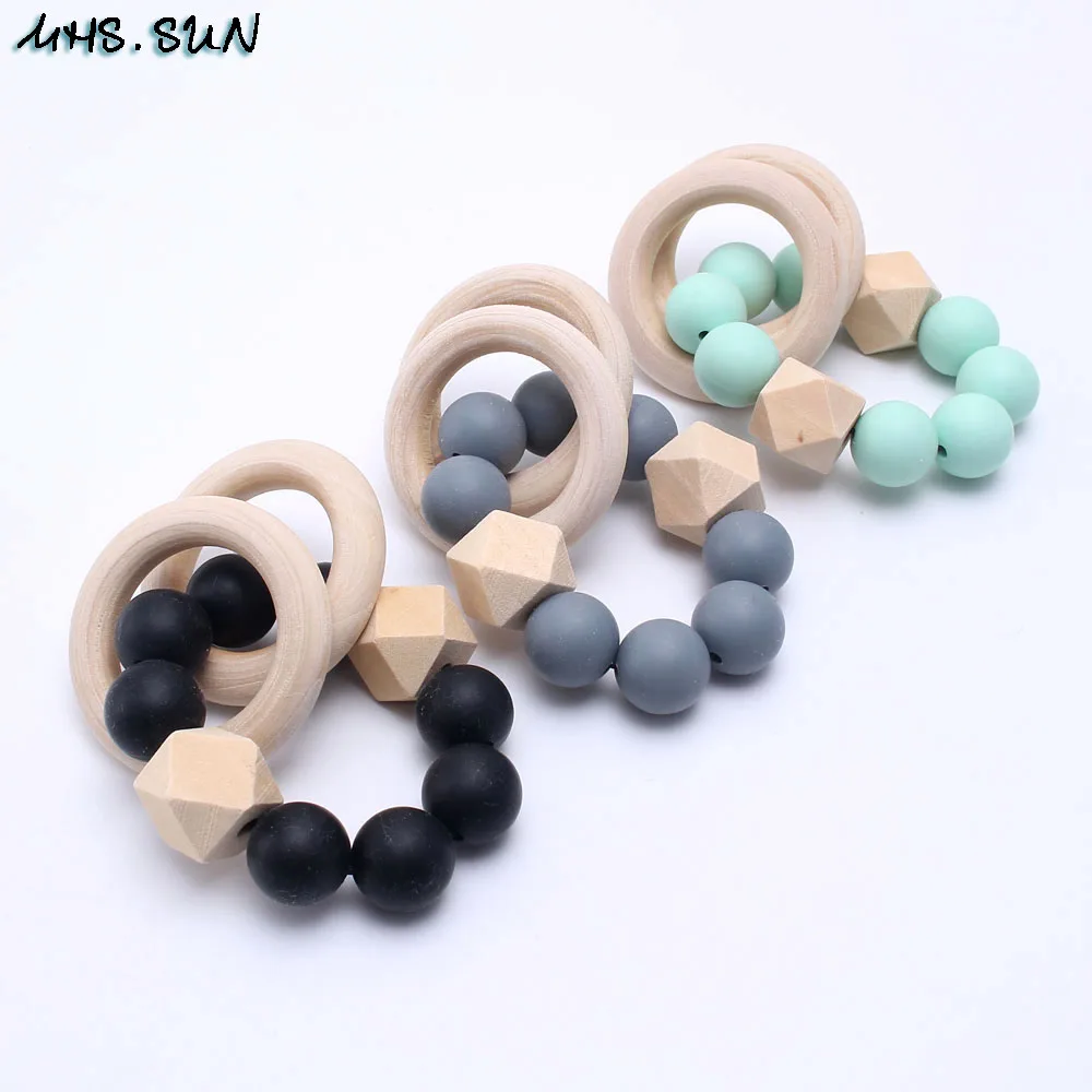 

MHS.SUN New Baby Nursing Bracelets Wooden Teether Food Grade Silicone Chew Beads Teething Gift Toys Gift 1PC