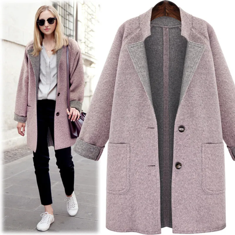 

New Autumn Winter Women Coat Plus Size Fashion Loose Single Breasted Pockets Solid Woolen Blends Coat For Women Larger Outerwear