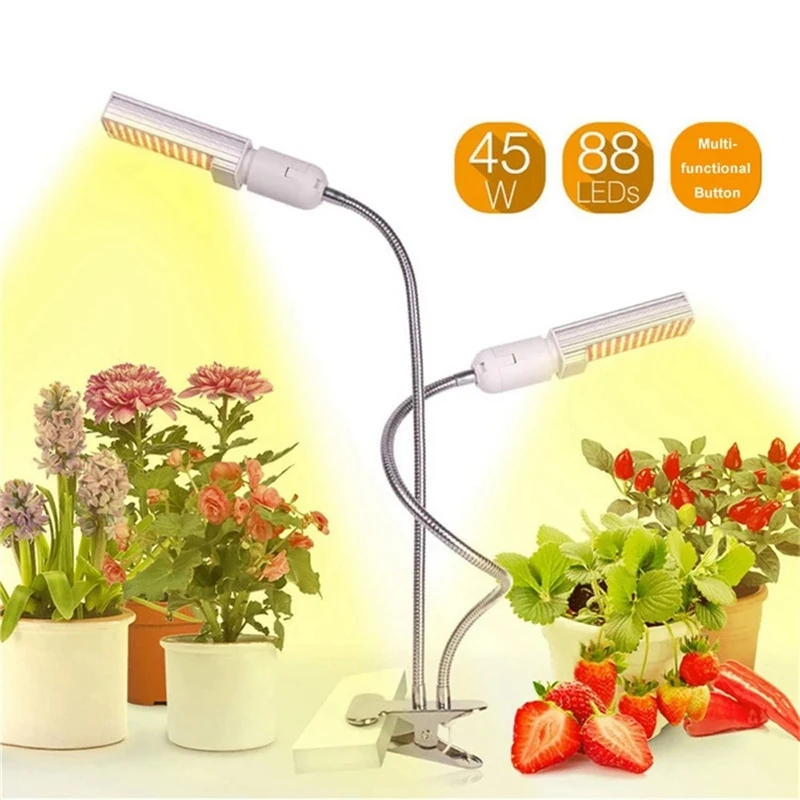 Полная спектр растений Светодиодная лампа для выращивания растений E26/27 45 Вт Функция таймера с двумя головками гусиная крепкая клипса