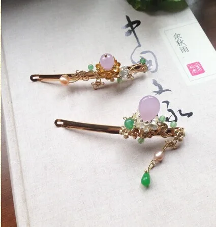 Purple Jade Beads Classical Little Hairpins LianKai Vintage Hair Jewelry Hair Clips