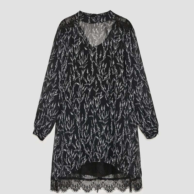 HYH HAOYIHUI Lace Patchwork Printed Pattern Dress Key Hole Back Long Sleeve Shift Women Dresses Vintage Party Mini Fashion|women dress