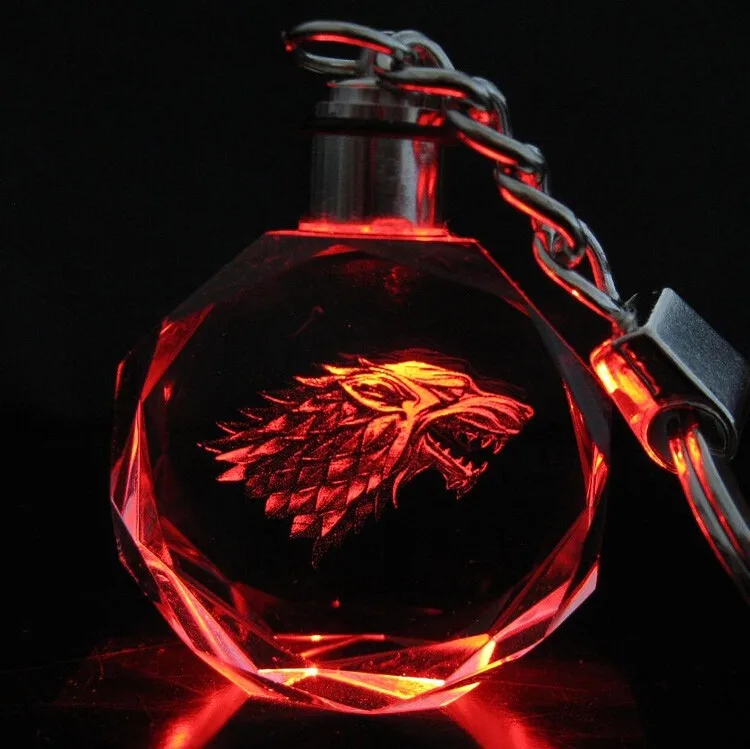 

Game of Thrones Keychain House Stark of Winterfell Wolf Symbol Badge Crystal Keyring Key Chain LED Pendant Color Flash Gift