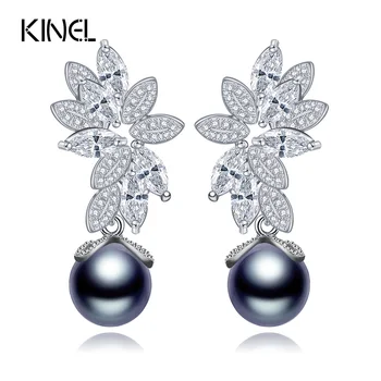 

Luxury Gray Synthetic Pearl Drop Earrings With Micro Cubic Zirconia Elegant Blooming Flower Design Vintage Jewelry For Wedding
