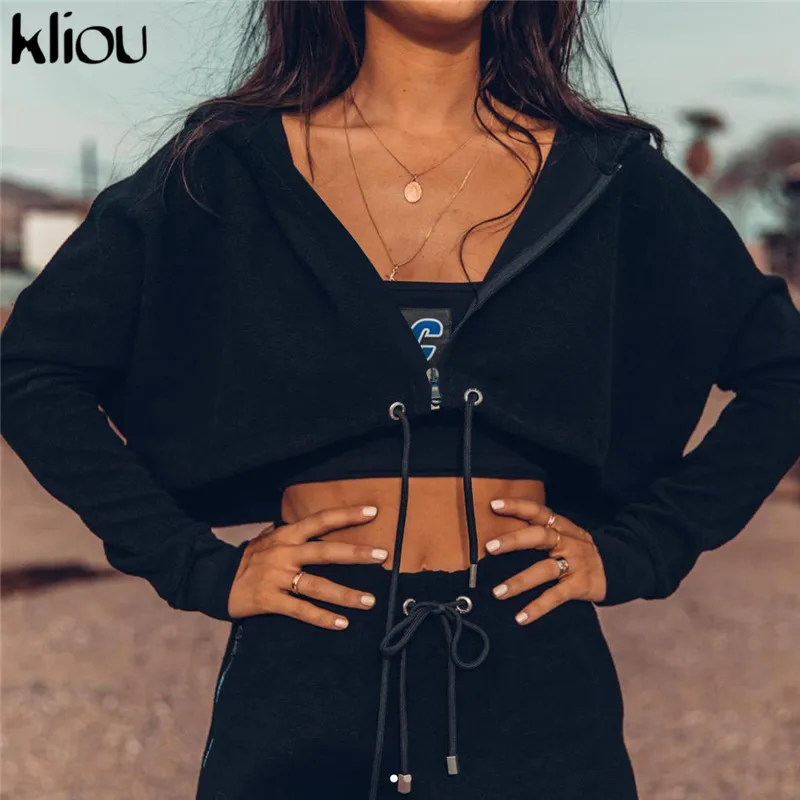 

Kliou women full sleeve zipper fly hoodies jackets 2018 autumn winter solid black drawstring loose short fashion street outwear