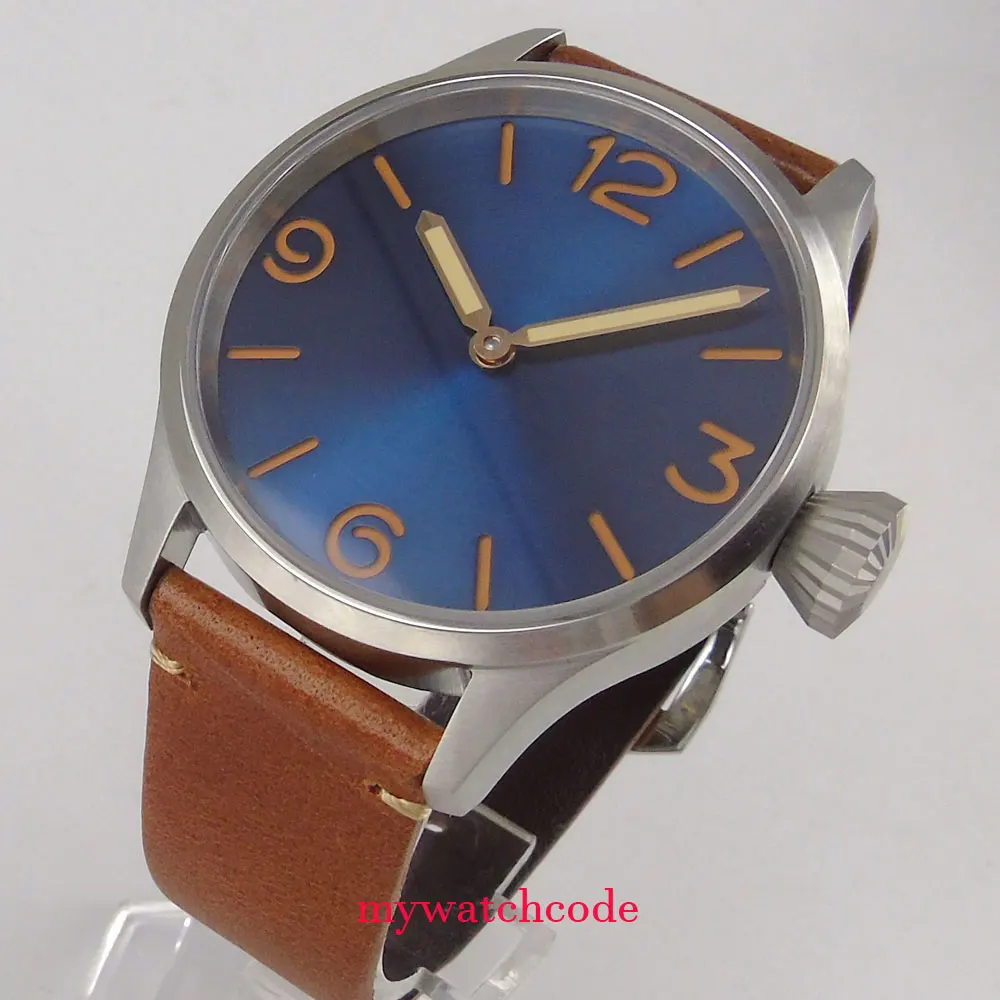 

brushed corgeut 43mm blue dial sapphire crystal hand winding 6497 mens watch Top Brand Luxury wrist watch