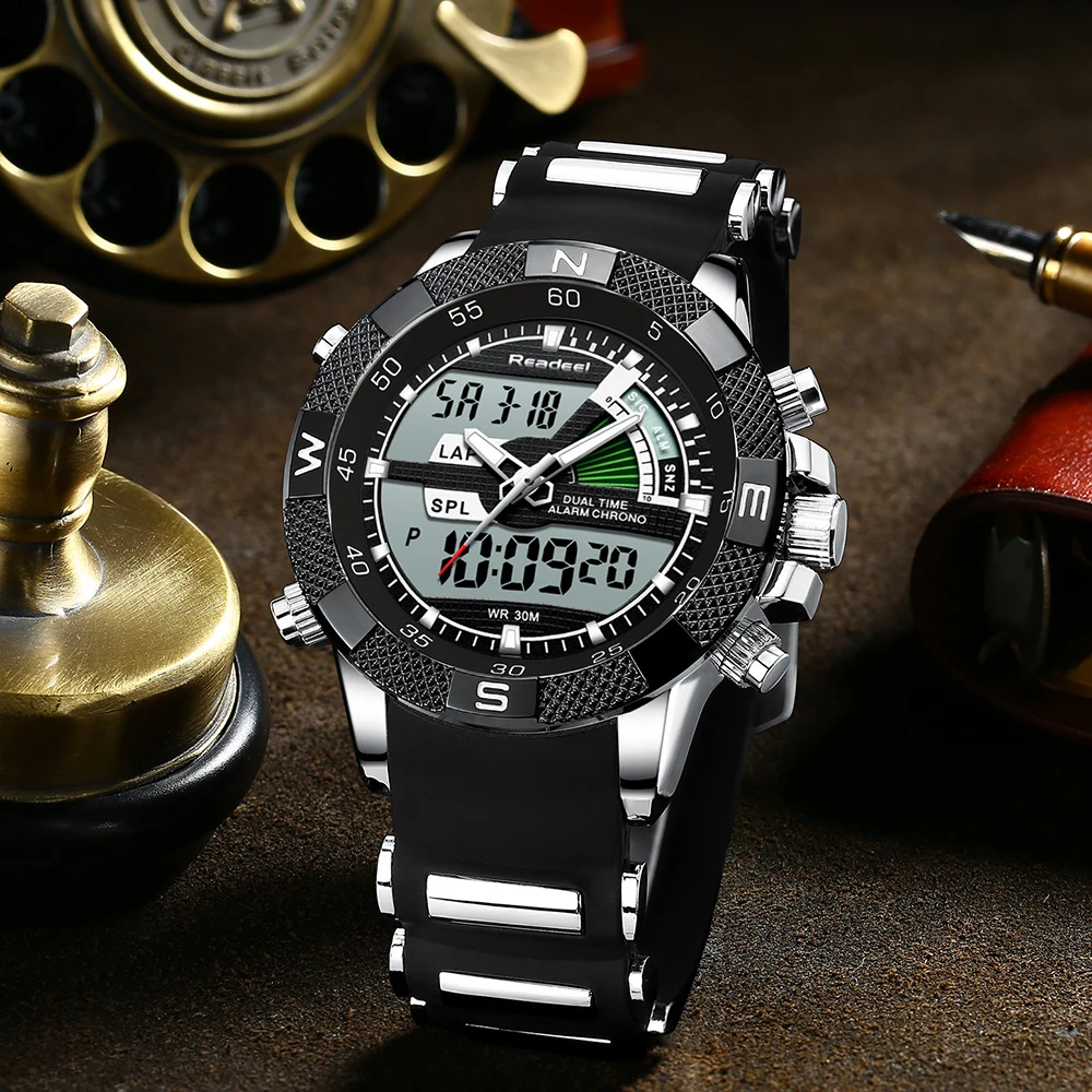 Readeel модные брендовые повседневные часы мужские военные спортивные часы мужские водонепроницаемые ударные СВЕТОДИОДНЫЕ Цифровые кварцевые наручные часы для мужчин