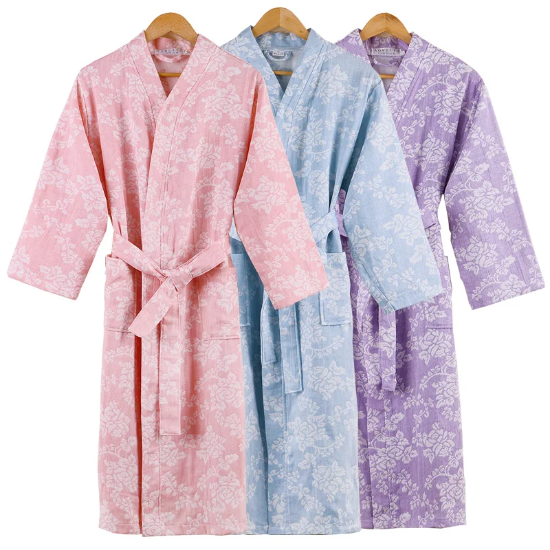 

100% Cotton Bath Robe Dressing Gown Women Solid Double deck Gauze Sleepwear Lounge Bathrobe Peignoir Nightgowns Lovers Robes