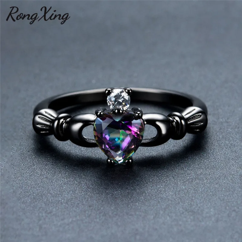 

RongXing Mystic Rainbow Heart Zircon Claddagh Rings For Women Fashion Black Gold Filled CZ Engagement Promise Ring RB0565