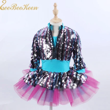 

Ballet Dress Party clothes Colorful Sequins Long Sleeve Winter Autumn Stage Show Women Tutu Ballet Jazz Dance Dress For Girl