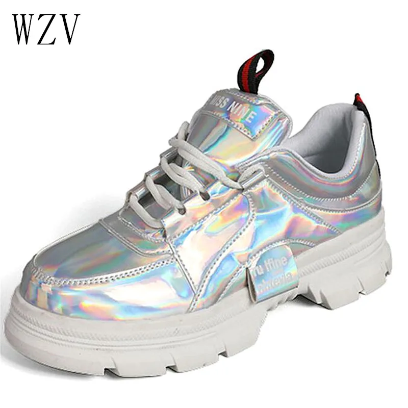 

Sneakers Women 2019 Pearlite Leather Casual Shoes Female Fashion Sneaker Women Vulcanize Shoe Platform Lace-Up Leisure Shoes