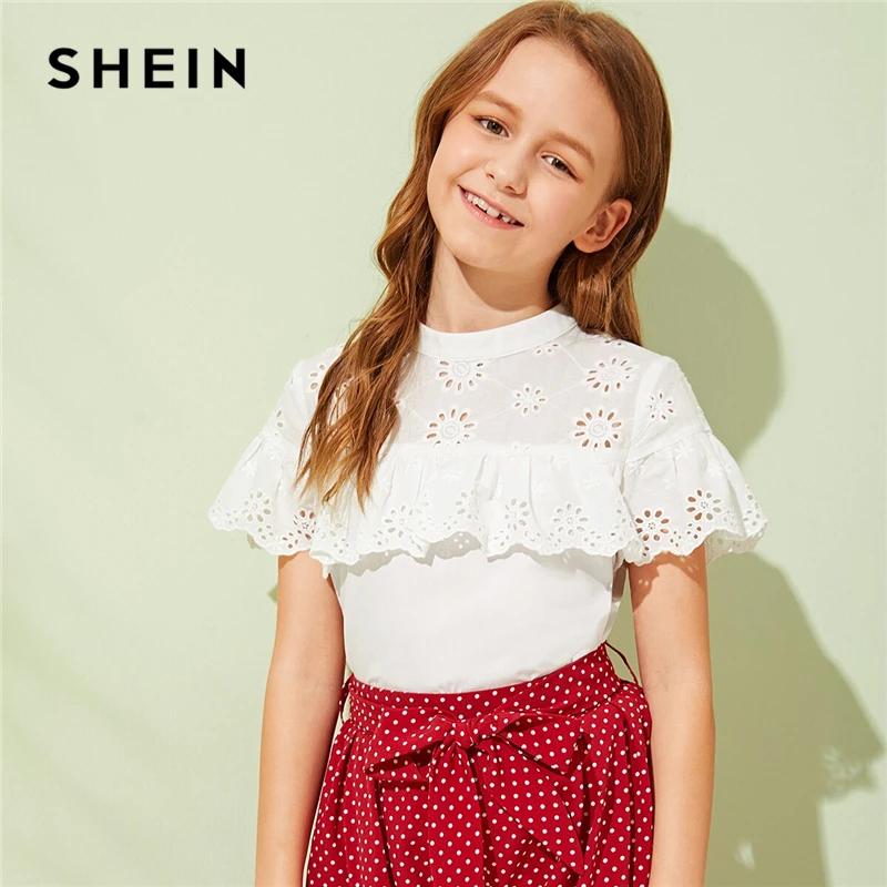 SHEIN/милая блузка для девочек со стоячим воротником и вышивкой; коллекция года; летняя блузка с короткими рукавами, пуговицами и рюшами на спине; Boho; топы