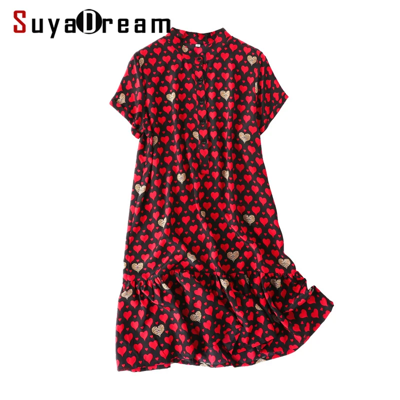 Женское мини-платье из натурального шелка, Креповое платье с принтом в виде красных сердечек для женщин, шелковое платье с коротким рукавом, летнее новое платье