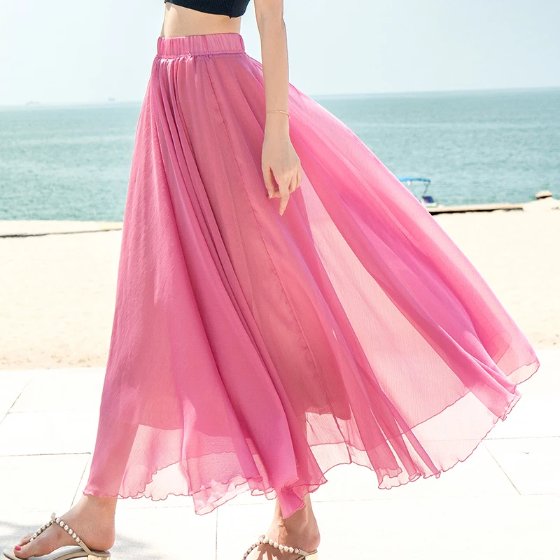 Buy Women Maxi Skirt Summer Fashion Beach High Waist Empire Wave Hem Solid
