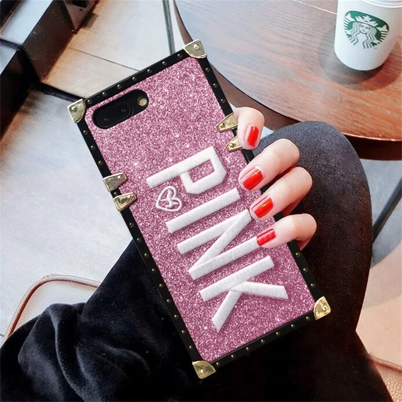 

Glitter Metal Square Phone Cases for iPhone 8 X 6 6s Plus Cover FGHGF Luxury Embroidery 3D Pink Letter Case for iPhone 7 Plus