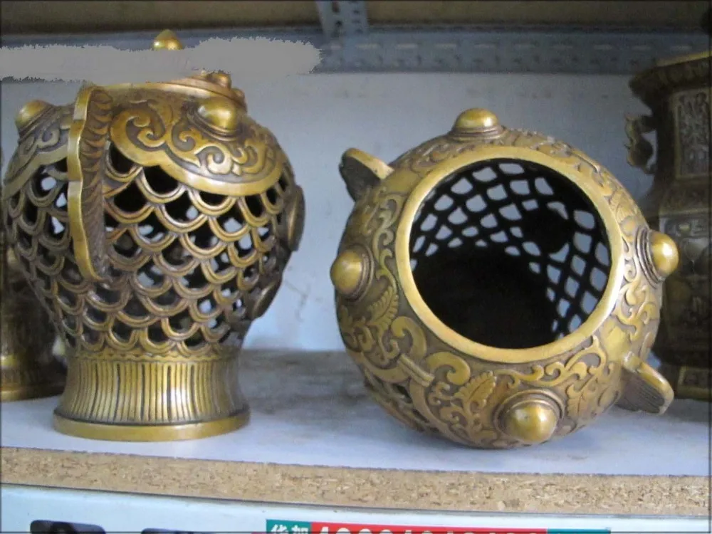 

Sino Royal palace pure bronze fishbone fish scale Carp Incense burner a pair