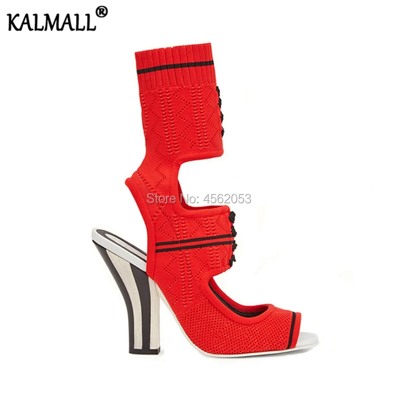 

KALMALL New Spring Summer Runway Sandal Botas Mujer Cut Outs Sock Shoes High Heels Black Red Striped Stretch Knitted Boots Women