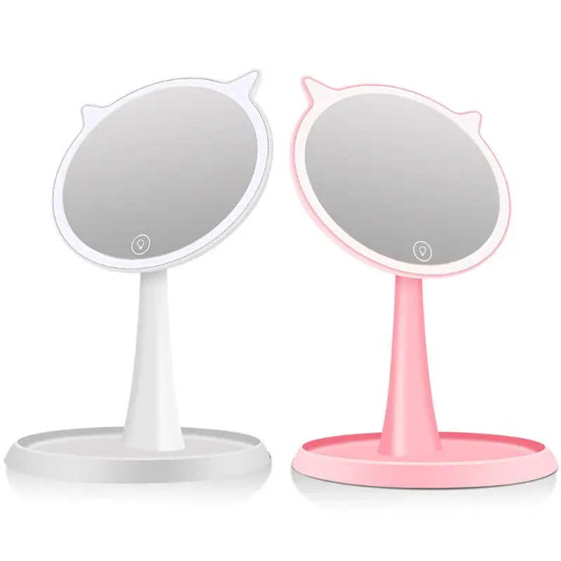 90 Degree Cute Cat Ear Makeup Mirror Home With LED Touch Light Rechargeable Vanity Cosmetic hand