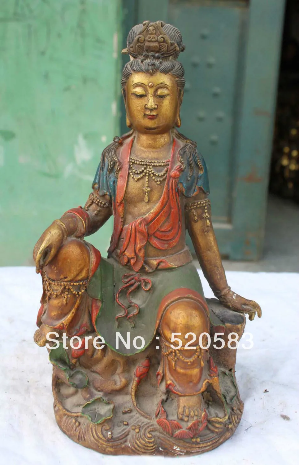 

12" Chinese Bronze Painting Kwan-yin Guan Yin Guanyin On Lianhua Buddha Statue