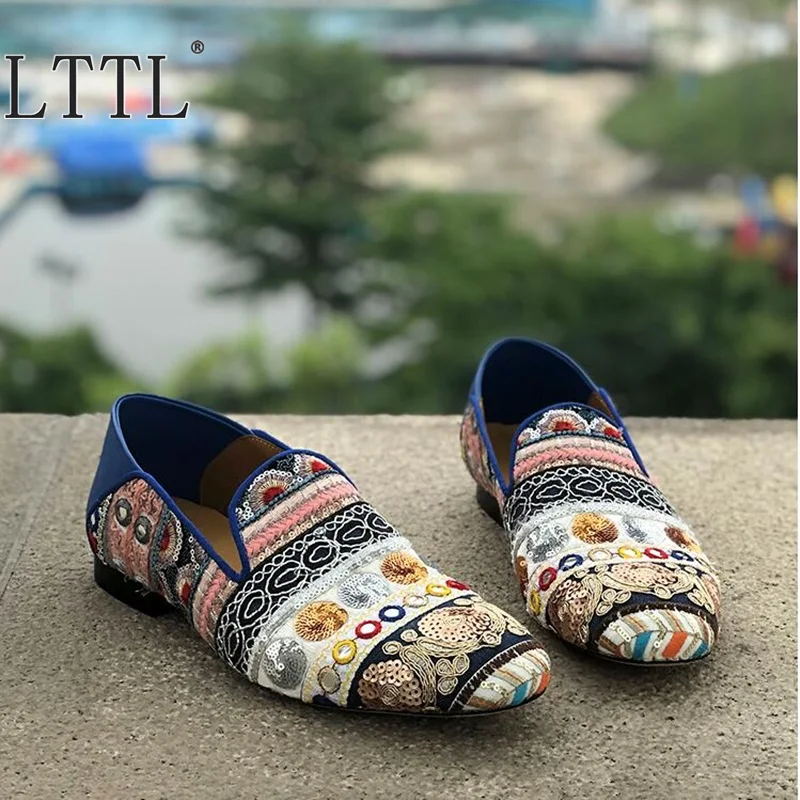 

LTTL Fabric Surface Embroidery Glitter Loafers Men Handmade Patchwork Slip On Summer Dress Shoes Slippers Prom Men's Shoes