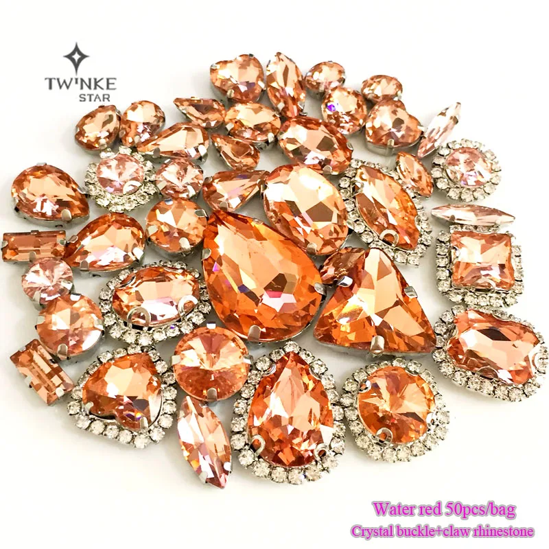 

Water red color Mix Crystal buckle+claw rhinestone,Silver base galss sew on stones diy/Clothing accessories 50pcs/pack