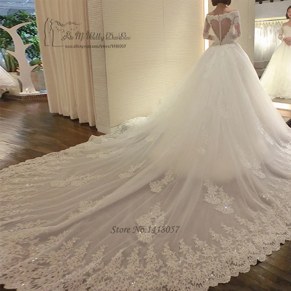 Роскошное Свадебное платье с длинным шлейфом Vestido de Renda Casamento, свадебное платье принцессы, кружевное свадебное платье с блестками и длинным рукавом