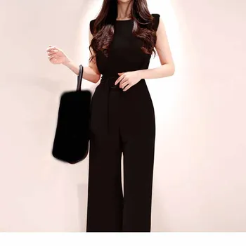 

Summer Women Office Lady Jumpsuit Casual Female Wide Leg Overalls Fashion Sashes Long Rompers